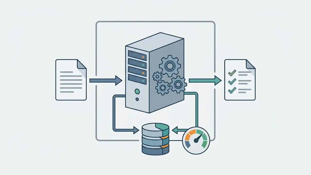 Central server processing documents into checked lists with data storage and a performance gauge