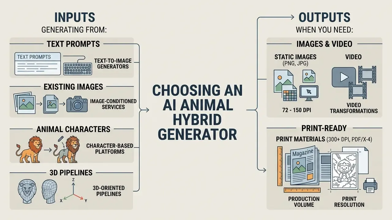 Comparative chart mapping input methods like text and images to output formats for digital and print media