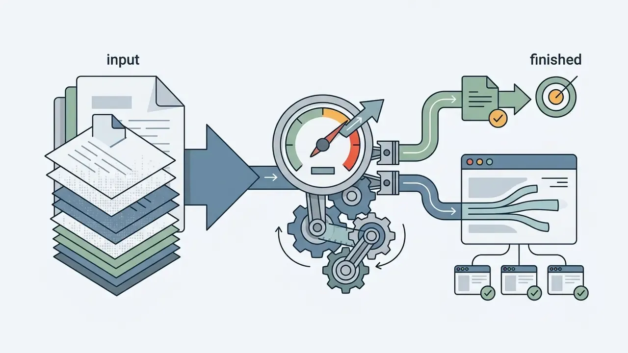 Files flowing through a gauge and gear mechanism into finished output documents and browser windows