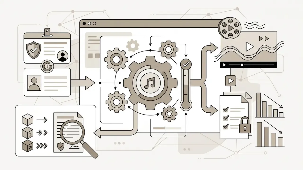 User authentication credentials feeding into a central music processing hub that outputs to video and policy documents