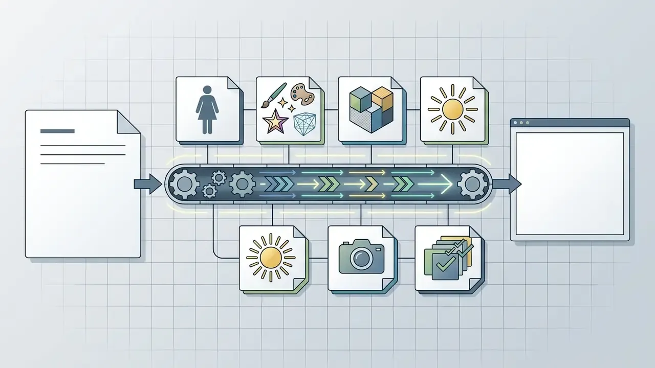 Document feeding six prompt components into a central conveyor belt that outputs a finished digital file