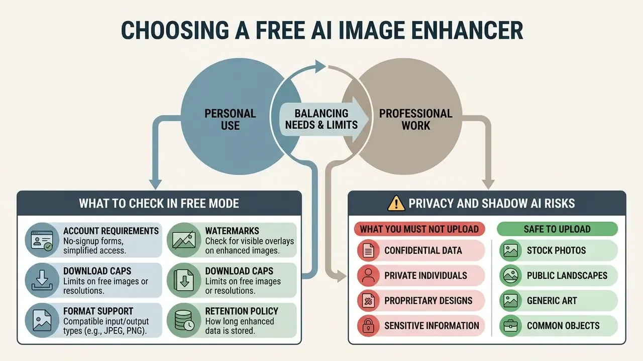Flowchart balancing personal and professional needs when selecting a free AI image enhancer
