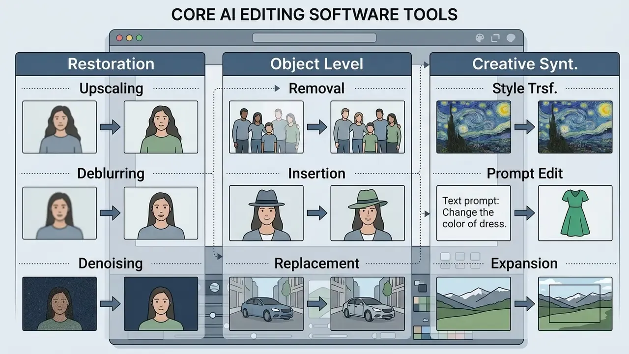 Diagram categorizing AI editing software tools into restoration, object level, and creative synthesis