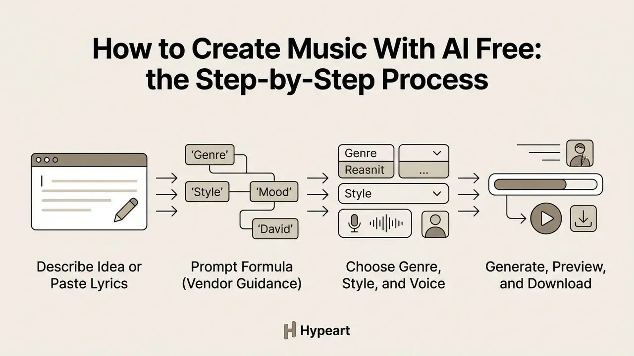 Diagram showing the four steps to use a free AI song maker from prompting to downloading the final track