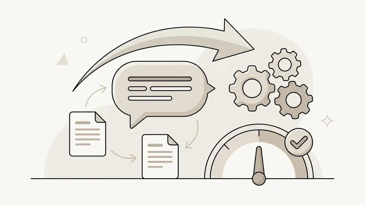 Documents moving through a speech bubble and gears toward a gauge with a checkmark