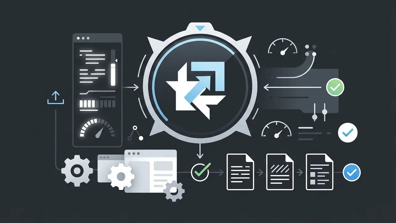 Central gear icon processing data files into verified output formats with progress gauges and checkmarks
