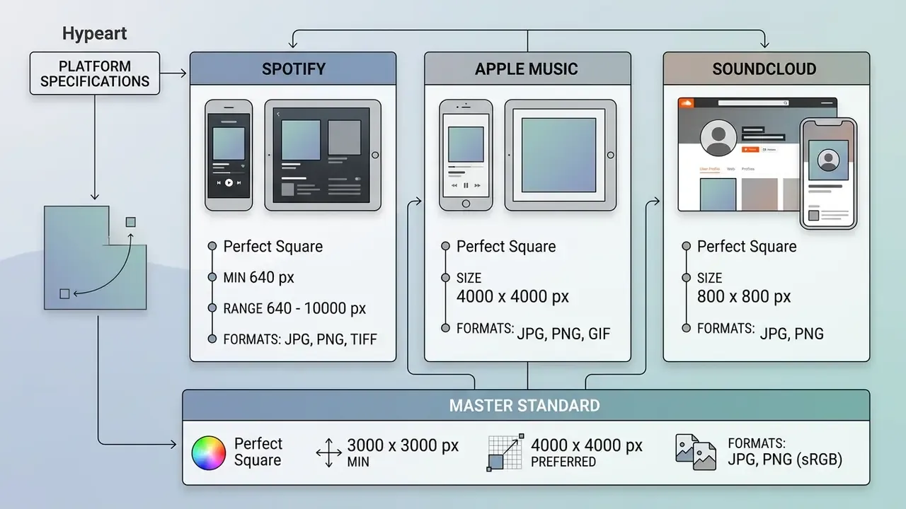 Comparison chart detailing technical resolution and file format requirements for major music streaming platforms