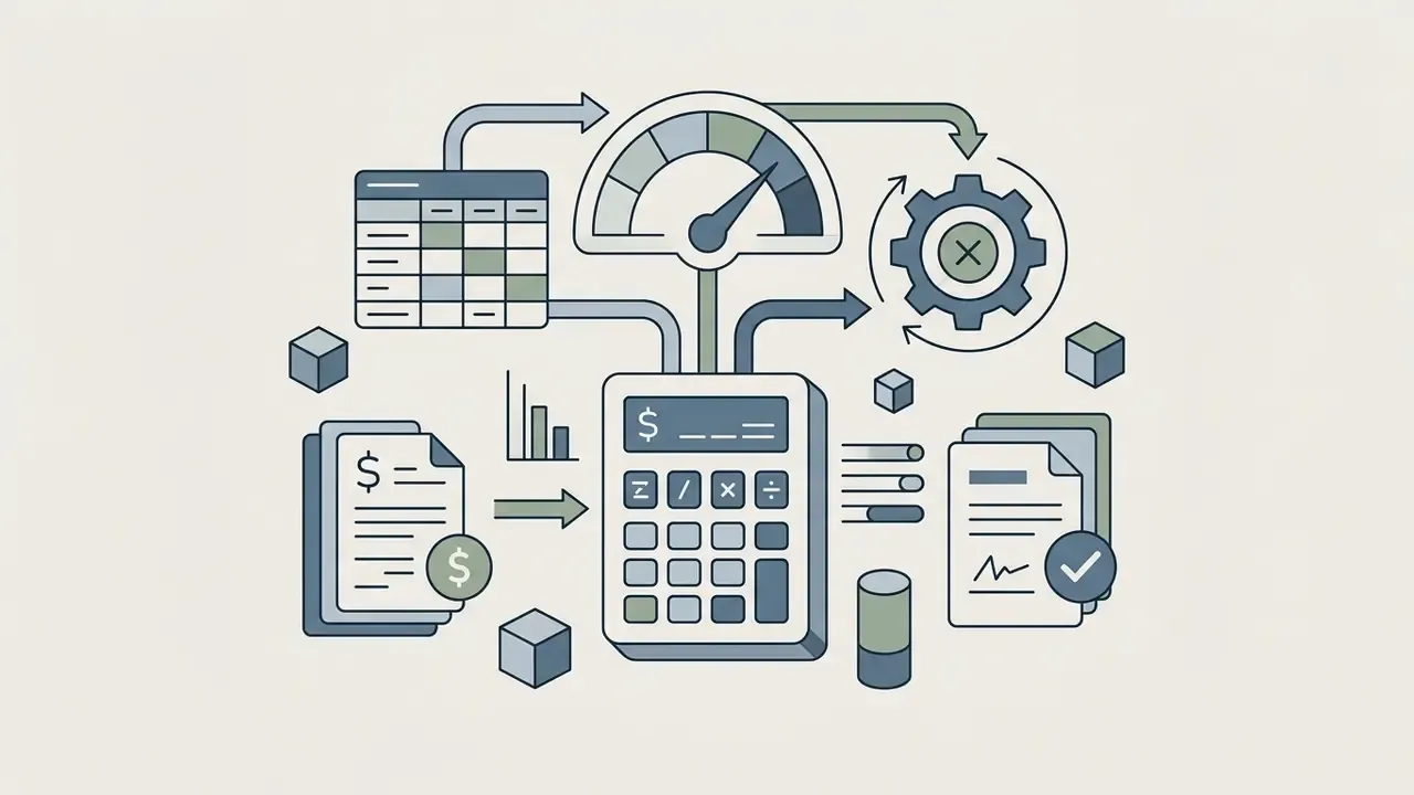 Calculator icon linked to financial documents, a gauge, and a gear to represent budget estimation processes