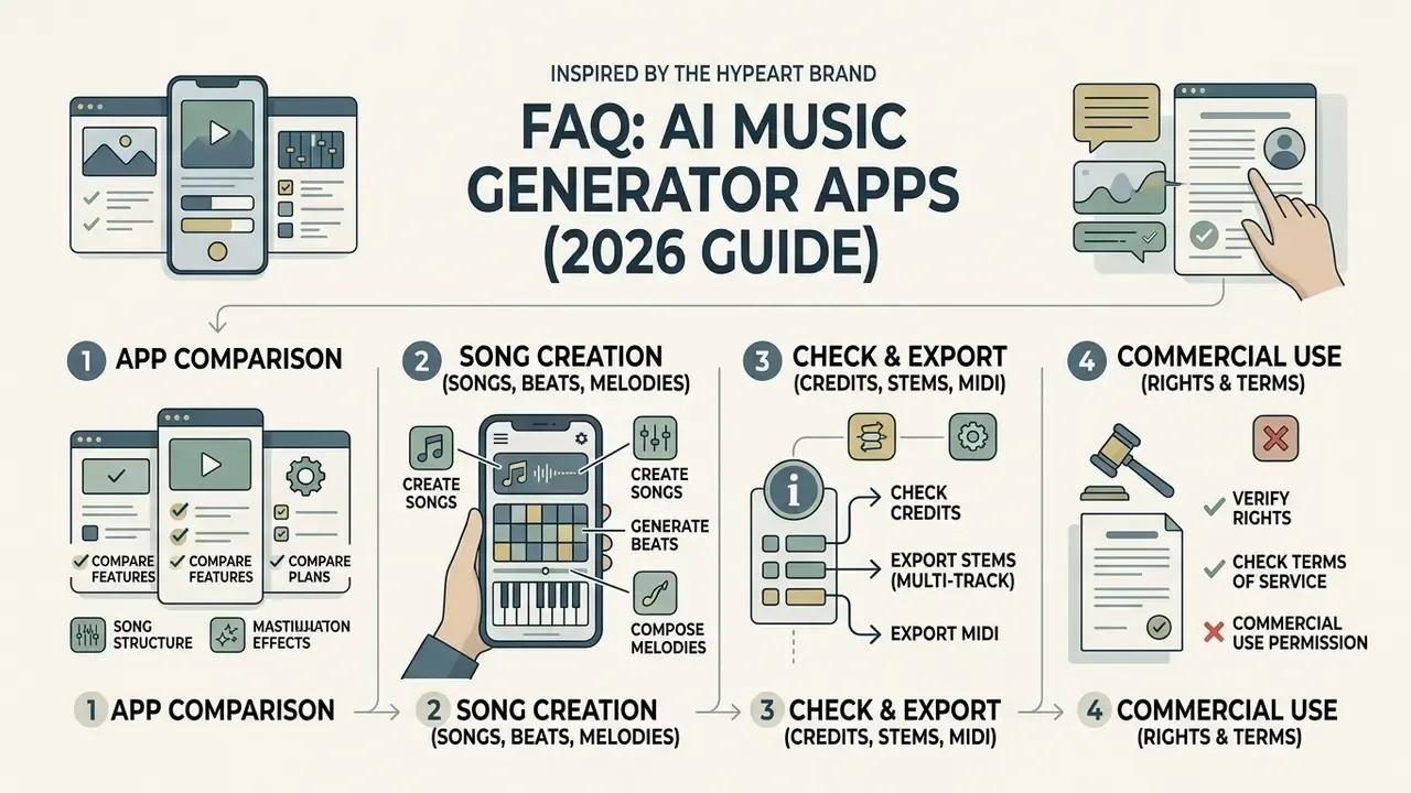 Four step guide covering app comparison, song creation, export options, and commercial usage rights