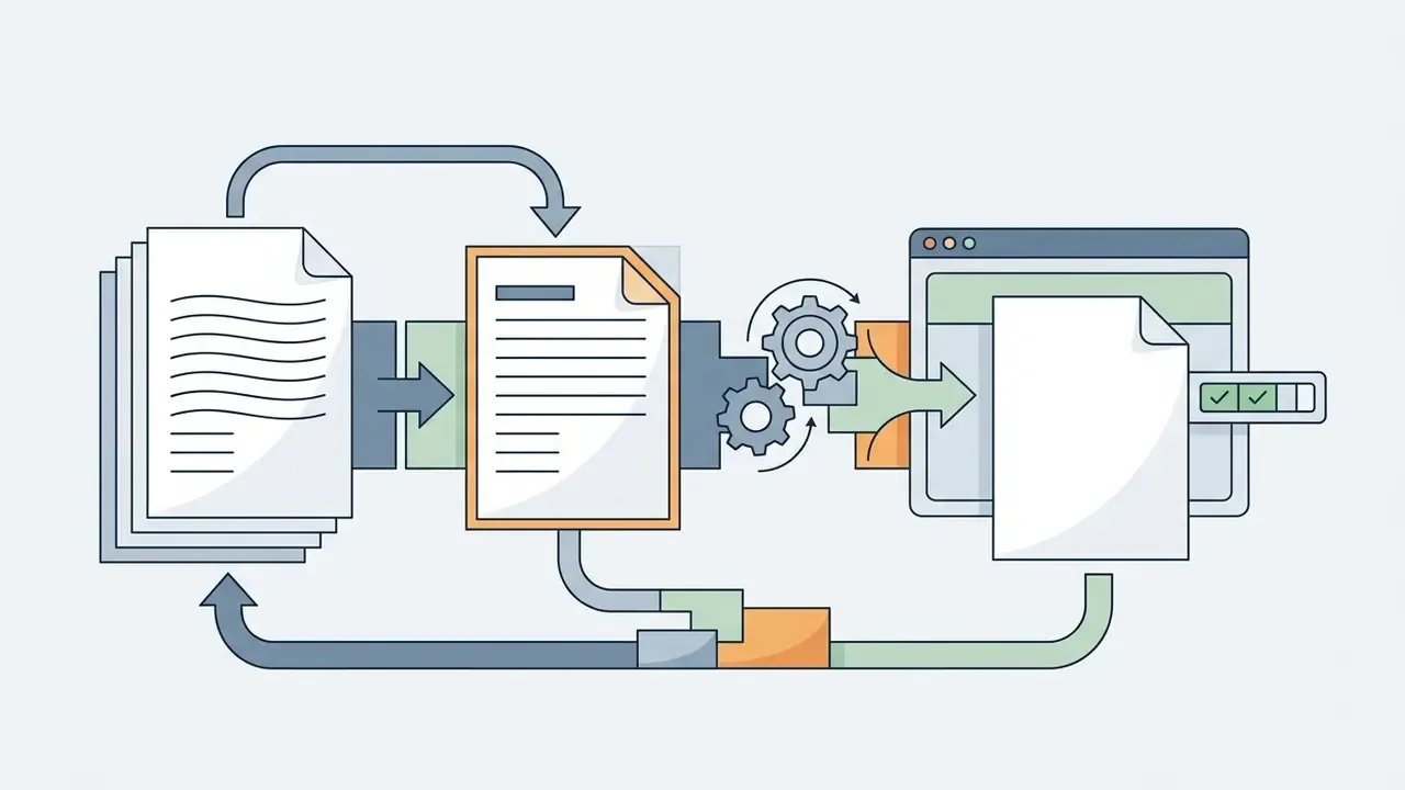 Documents cycling through gears and a browser window to produce a finalized output with progress markers