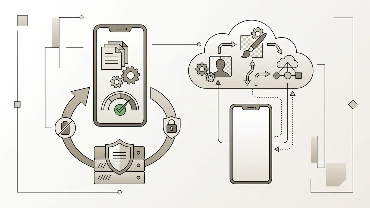 Diagram comparing local device processing with cloud-based server workflows for mobile video editing