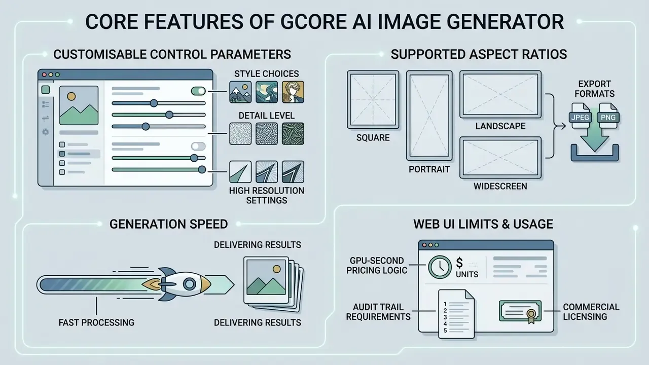 Infographic displaying control parameters, aspect ratios, processing speed, and usage limits for image tools