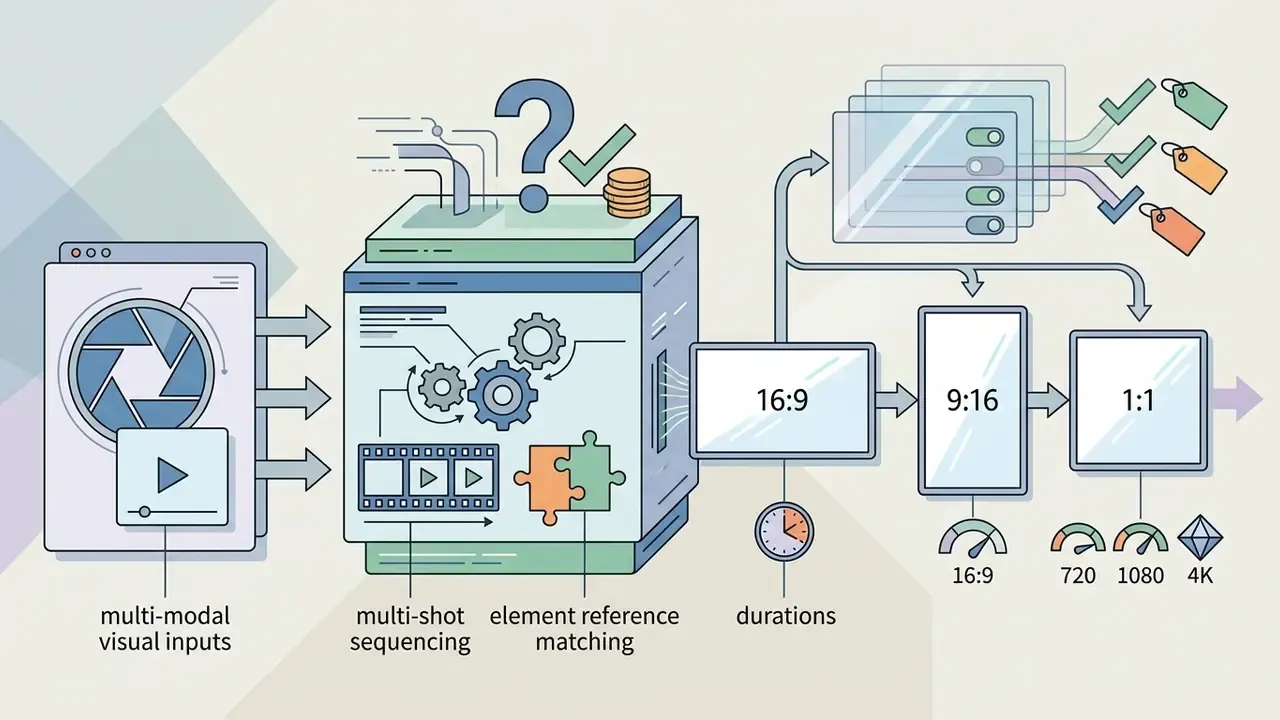 Visual inputs and processing gears feeding into aspect ratio and resolution settings for Kling AI pricing