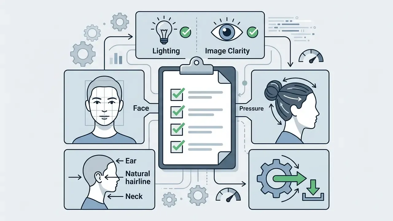 Central checklist surrounded by icons for face, hair, lighting, and image clarity with directional arrows