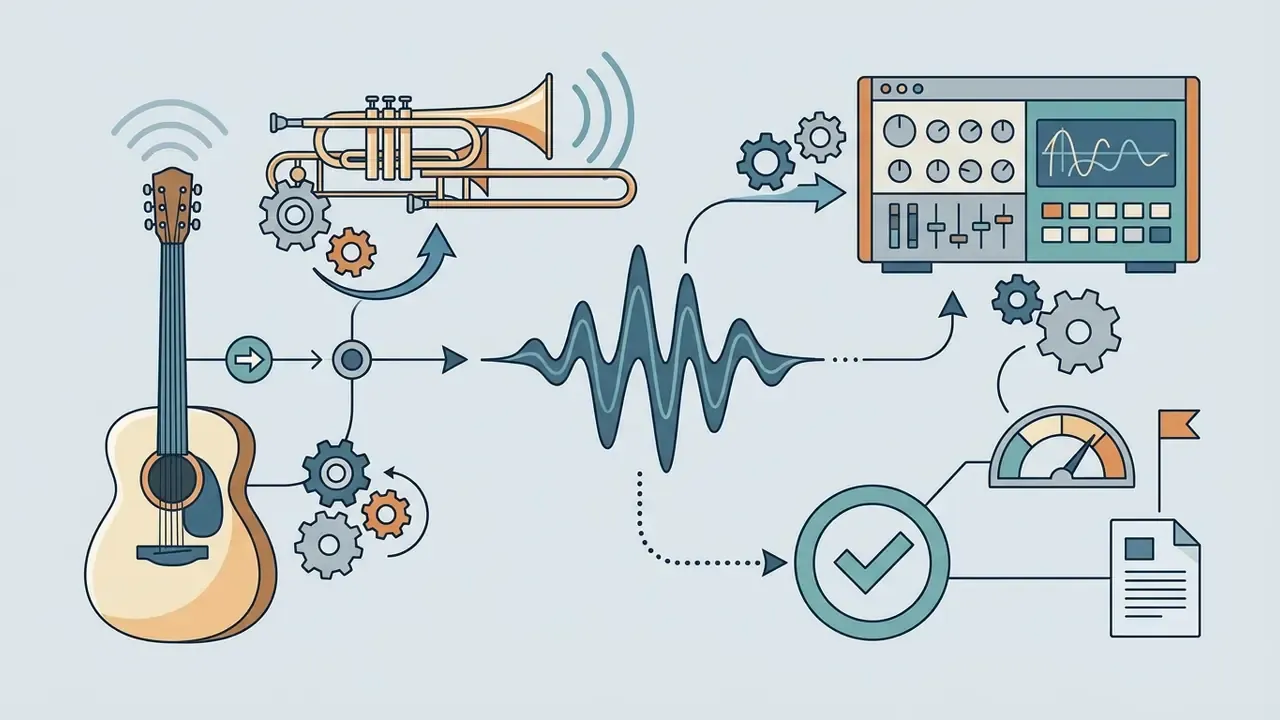 Acoustic guitar and trumpet icons connecting through gears to a sound wave, synthesizer, and document