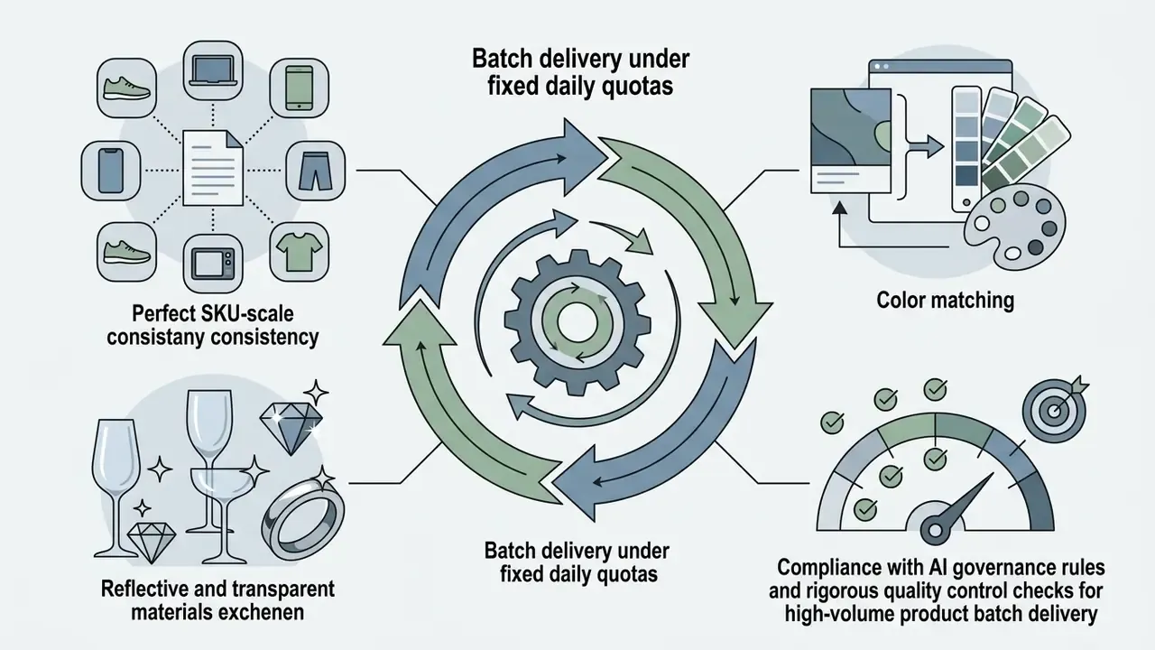 Central gear cycle connecting product consistency, color matching, and quality checks for remote photo editor jobs