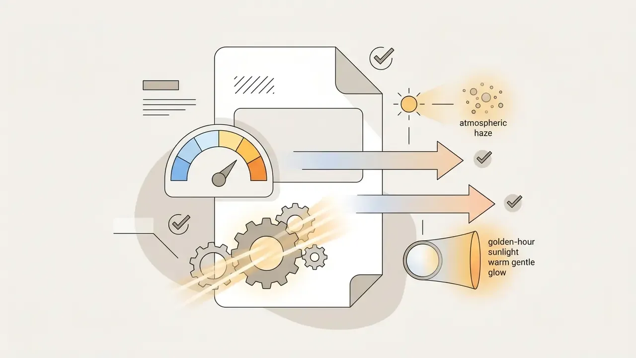 Document icon with gears and gauges illustrating the application of atmospheric haze and golden-hour light