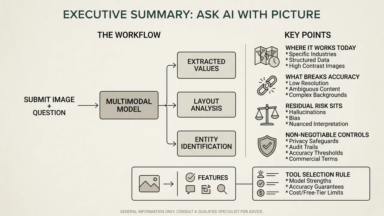 Flowchart showing how a multimodal model processes an image and question to extract data and key risk factors