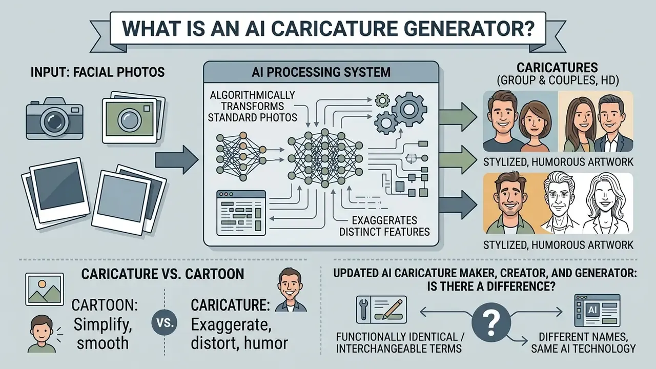 Infographic showing how an AI system processes facial photos to create stylized, exaggerated caricatures