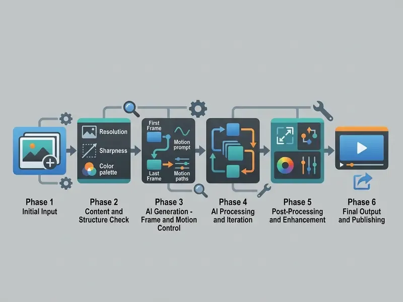 Six-stage process diagram detailing the workflow from initial image input to final video publishing