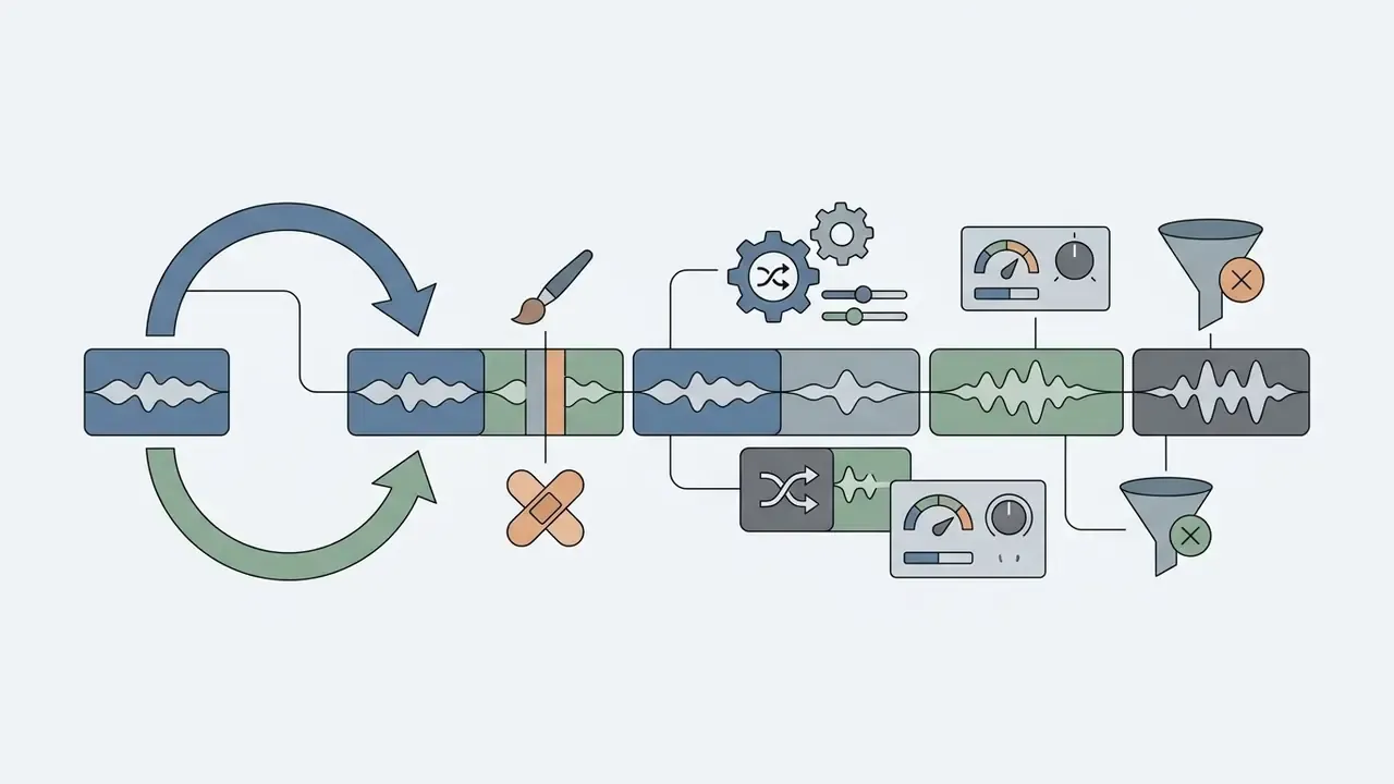 Linear workflow showing audio segments being extended, inpainted, remixed, and filtered with controls