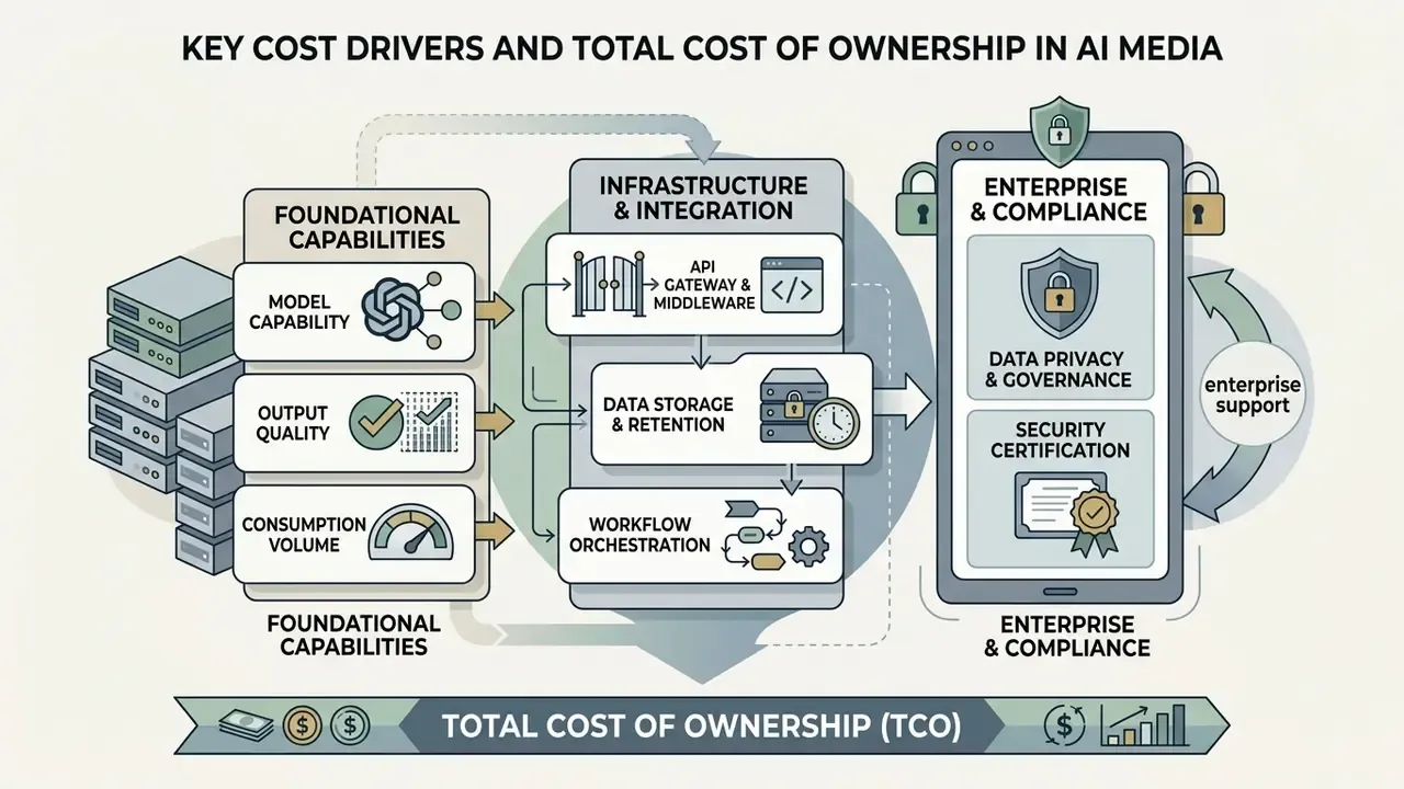 Diagram detailing cost factors for AI media including technical infrastructure, data storage, and compliance