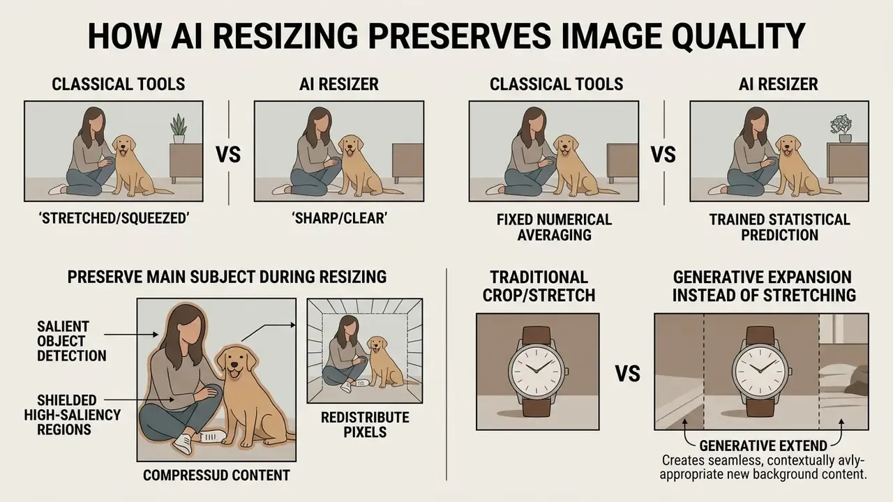 Comparison panels showing how smart algorithms maintain subject integrity versus traditional distortion