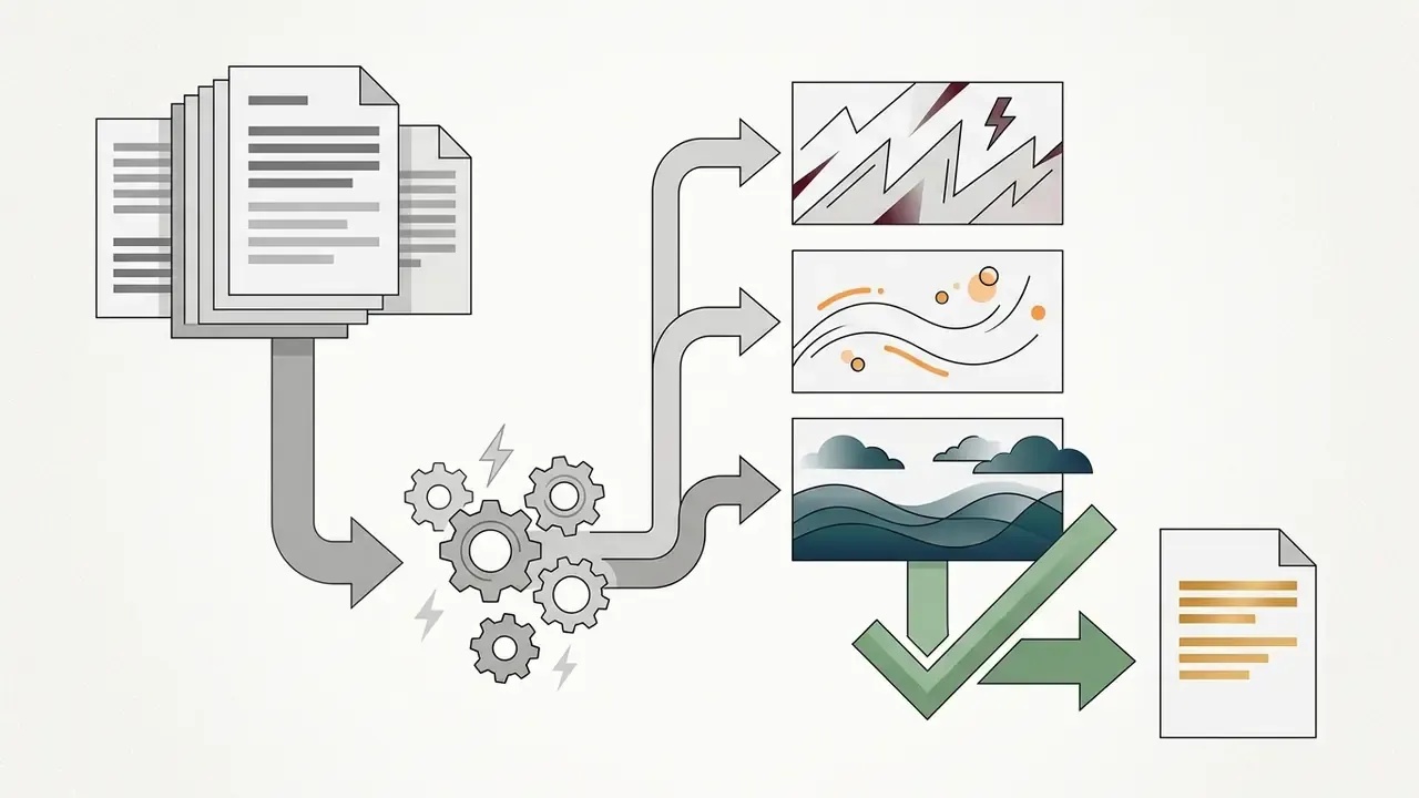 Documents flowing through gears to be categorized by mood and refined into a final written output