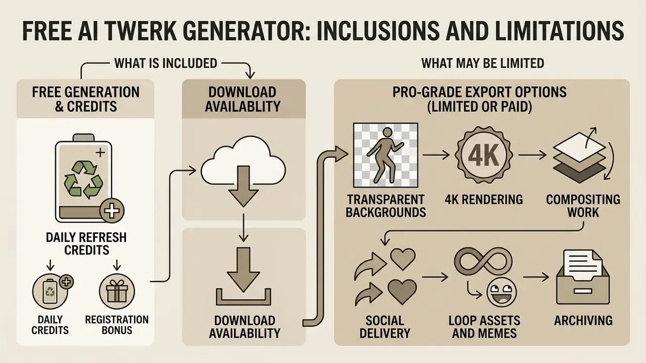 Infographic showing daily credit systems, download options, and advanced export features for animation tools