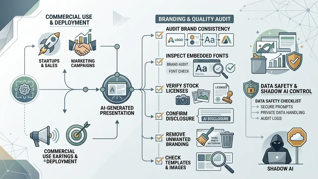 Infographic showing a checklist for auditing AI presentation maker output for branding and data safety