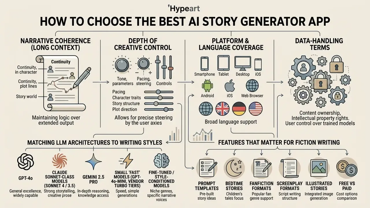 Infographic outlining four key criteria for evaluating an AI story generator app including model types