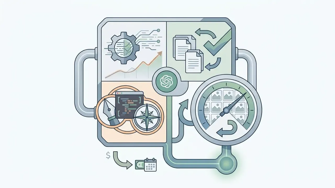 System of icons representing document processing and image generation linked to a monthly cost calendar