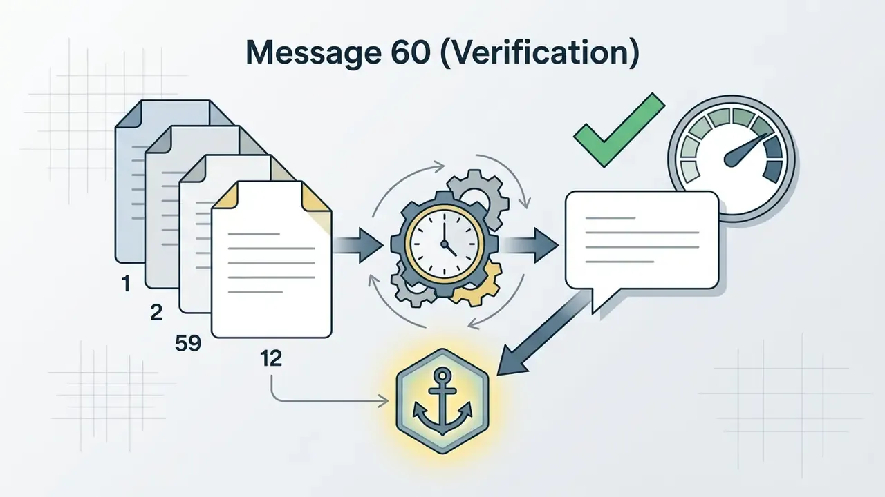 Documents flowing into a central gear clock mechanism and connecting to an anchor icon with a checkmark