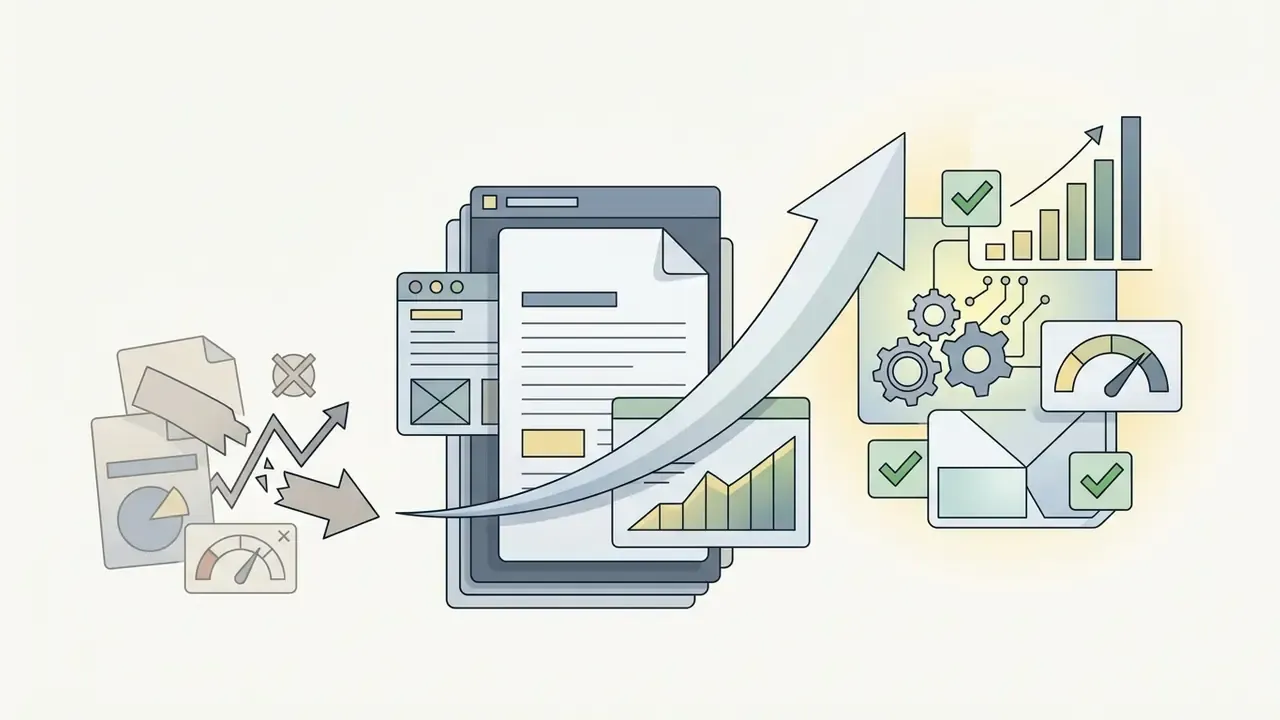 Documents and broken charts transitioning through a central hub into optimized data with rising performance