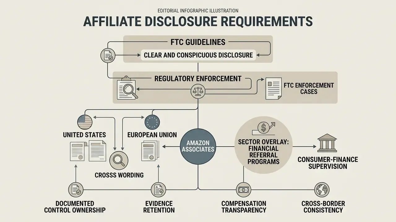 Diagram mapping FTC guidelines, regulatory enforcement, and regional requirements for affiliate programs