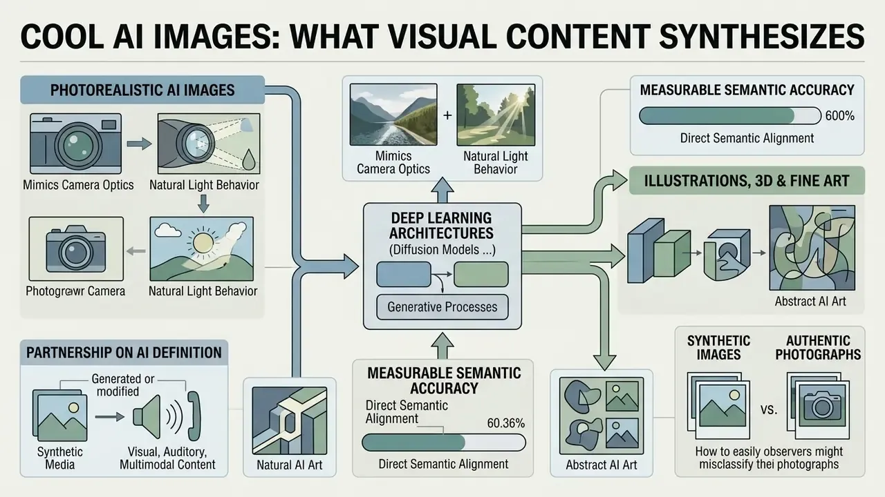 Infographic flowchart explaining how deep learning architectures generate photorealistic and abstract art