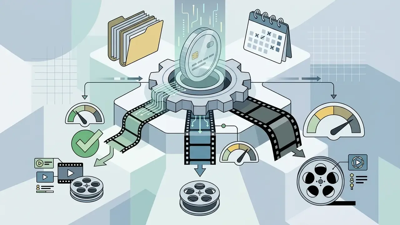 Gear mechanism processing credit data into video reels with speed gauges and calendar icons