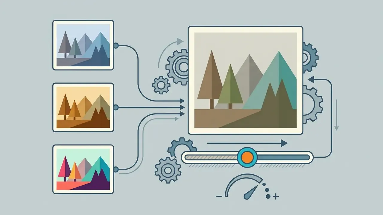 Preset filter thumbnails feeding into a main image preview with an intensity slider and gear icons