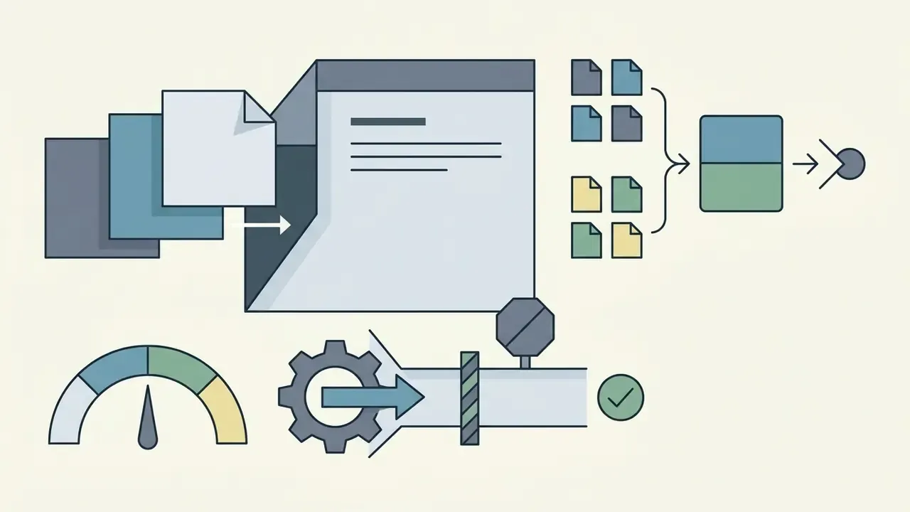 Multiple document icons feeding into a processor with a gauge and gear mechanism for data management
