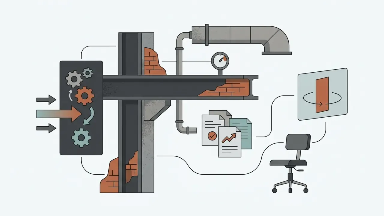 Industrial design elements being processed through gears into technical documents and 3D furniture models
