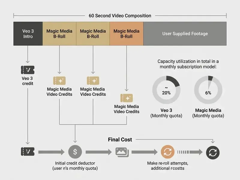 Diagram showing credit usage for a 60-second video composition using Canva AI video generator tools