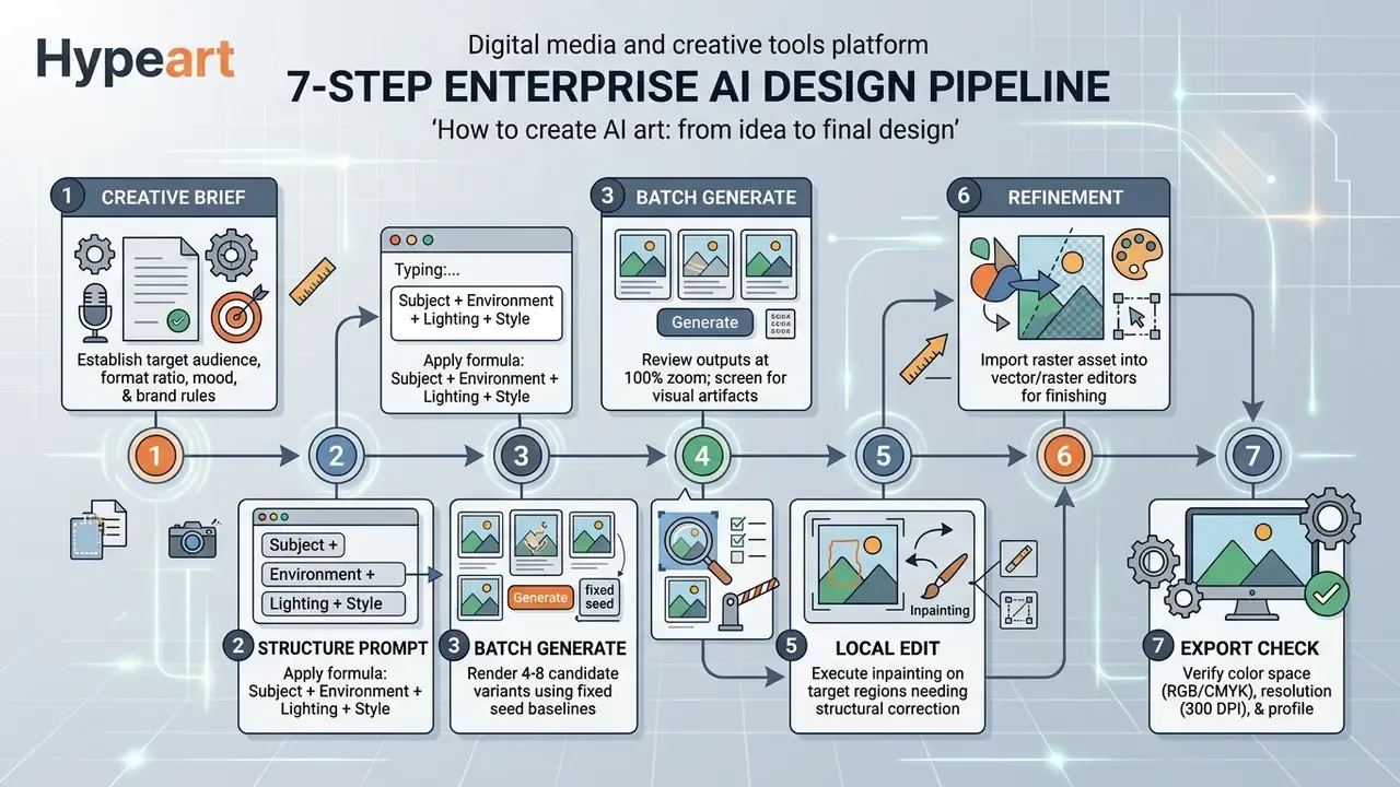 Linear process map detailing seven sequential stages for managing professional AI art production workflows