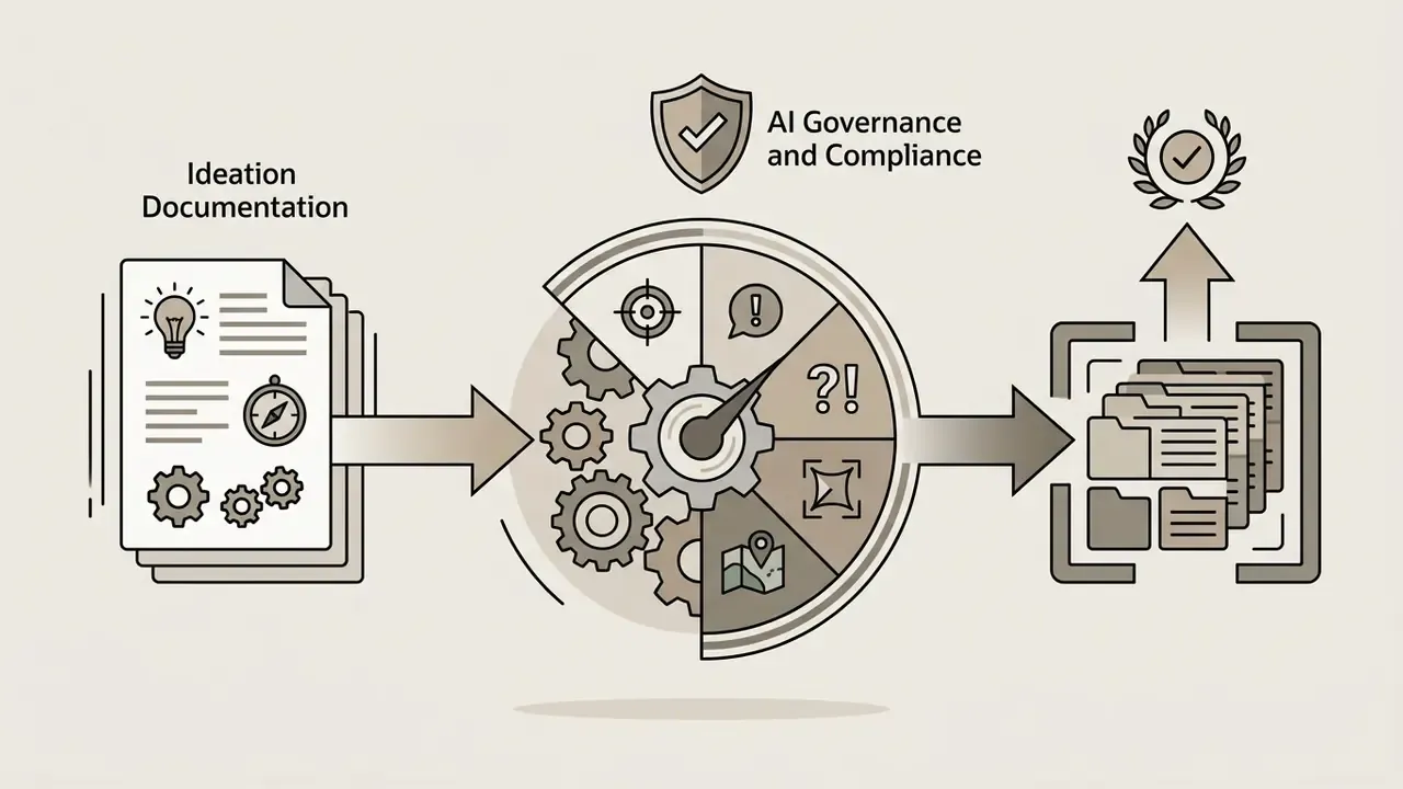 Ideation documents flowing through a segmented gear mechanism into organized project folders