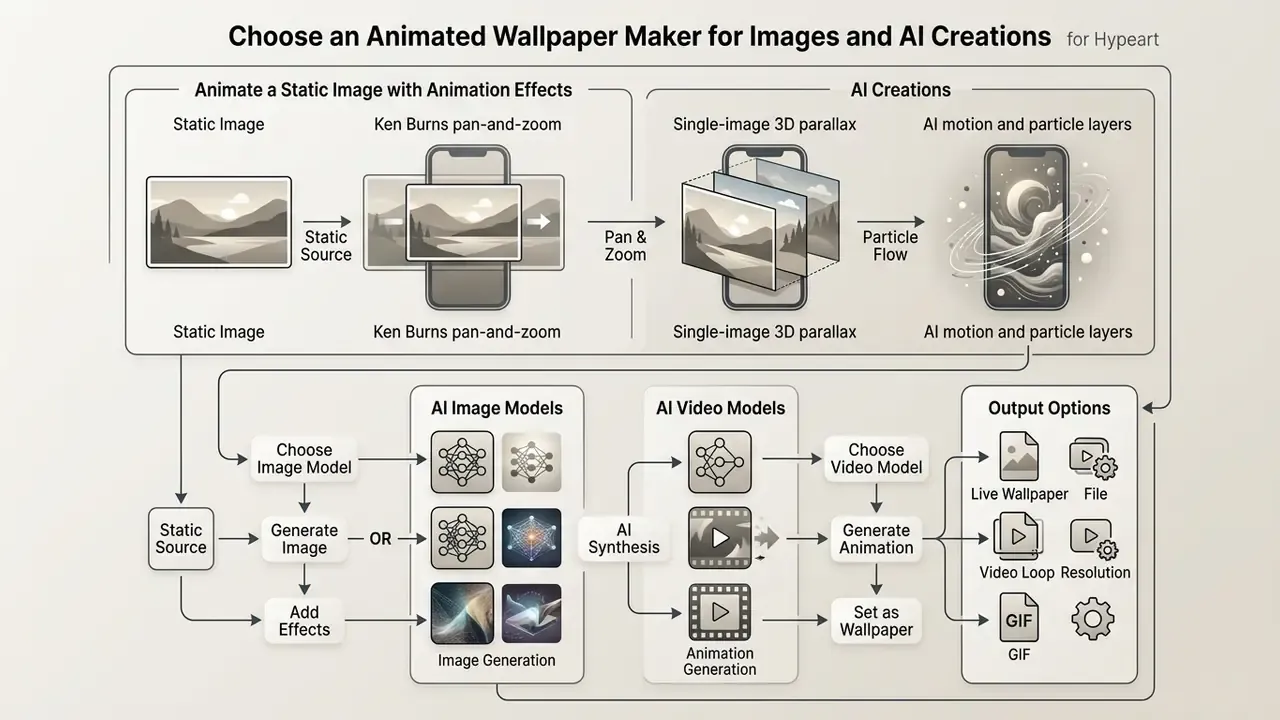 Infographic detailing animation effects and AI model workflows for creating a live wallpaper