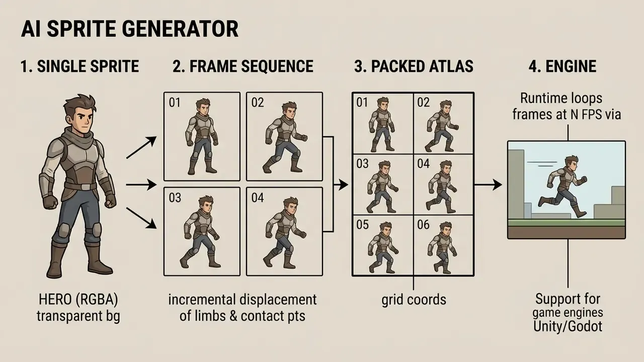 Diagram showing the transformation of a character sprite into an animated sequence and packed texture atlas