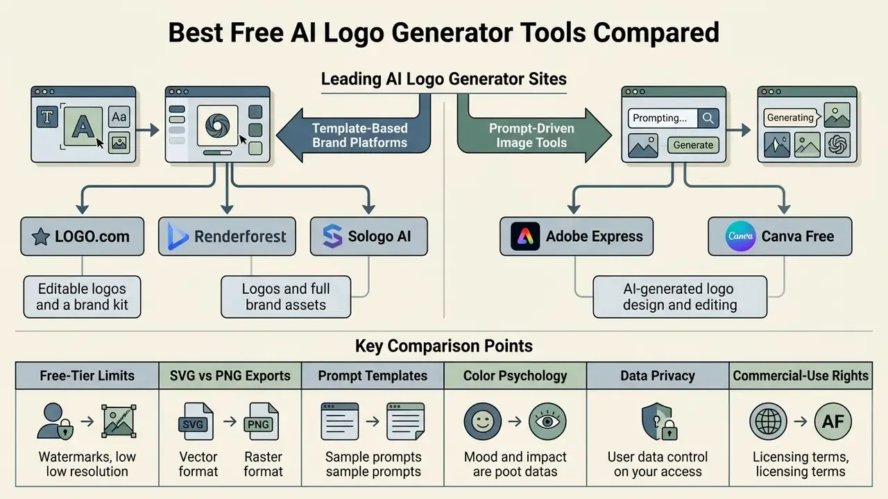 Flowchart contrasting template-based brand platforms with prompt-driven AI logo generator tools
