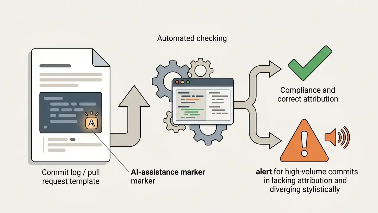 Commit logs with AI markers flowing through automated checks to verify compliance or trigger alerts