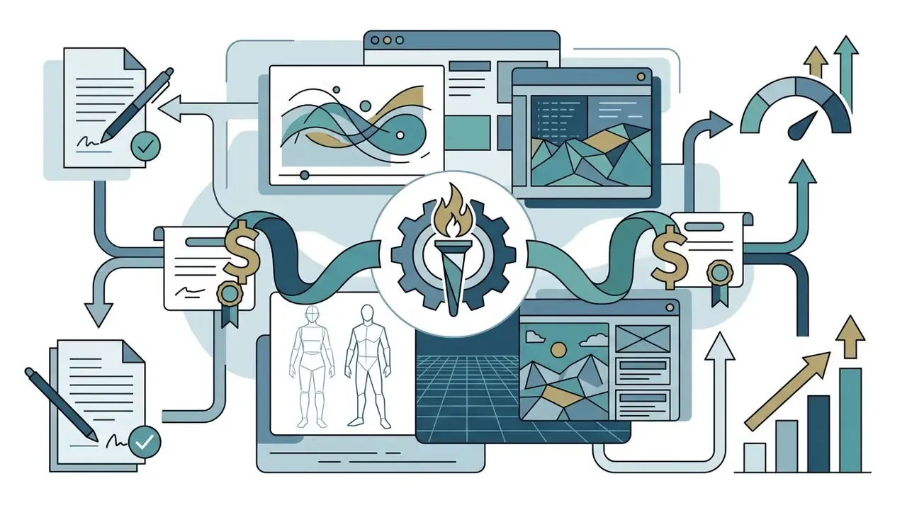 Torch and gear icon connecting signed documents to digital design screens and rising financial growth charts