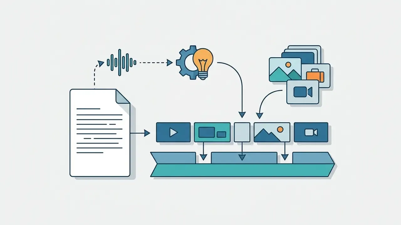 Document and audio analysis feeding into an AI engine that automatically inserts B-roll into a video timeline