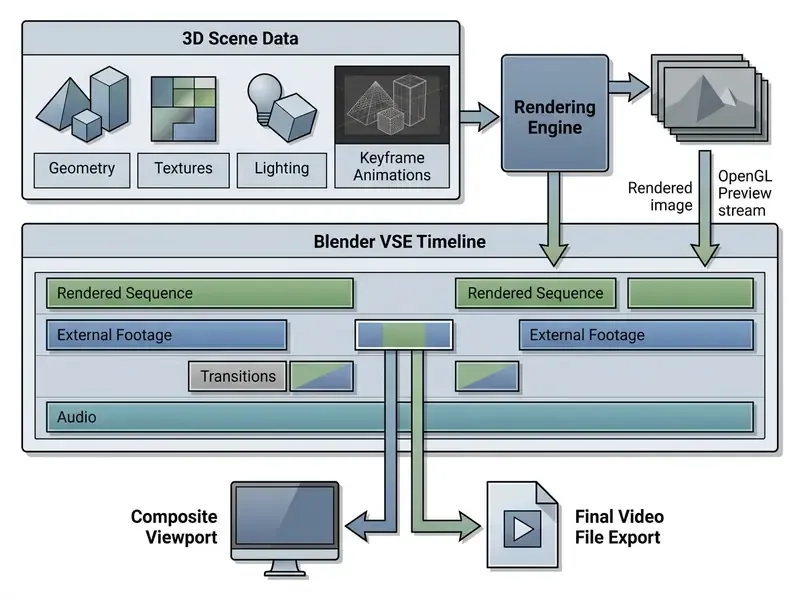 Diagram showing how 3D scene data and external footage integrate into the Blender VSE timeline